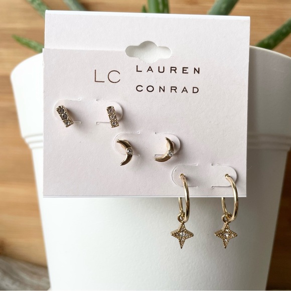 NWT LC LAUREN CONRAD Moon stud star hoop stud earrings, three pairs included - Picture 6 of 10
